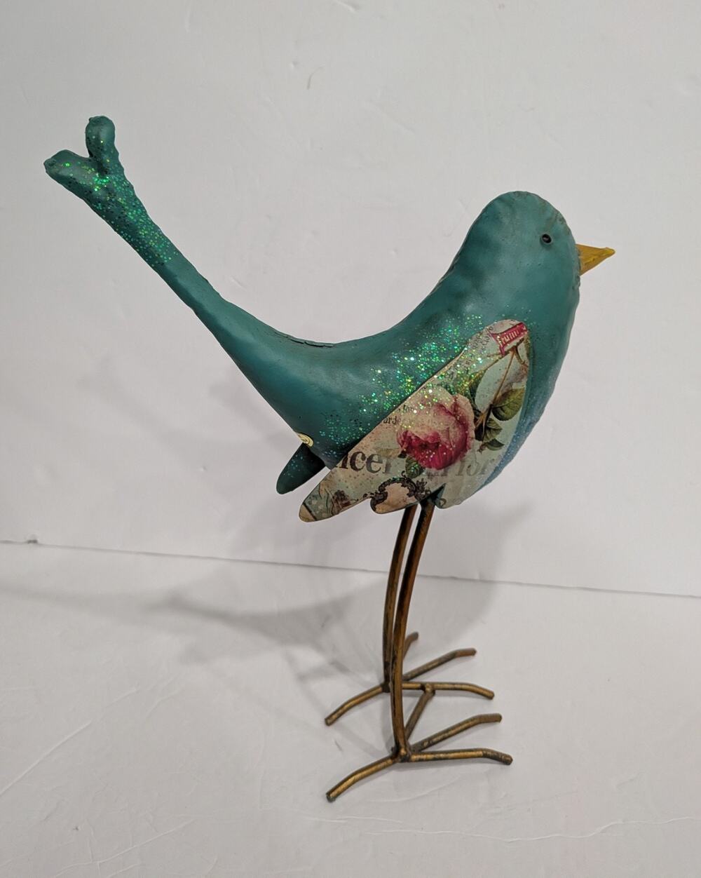 Whimsical Folk Art Bird Figurine Metal Long Legs Decoupage French Country Shabby